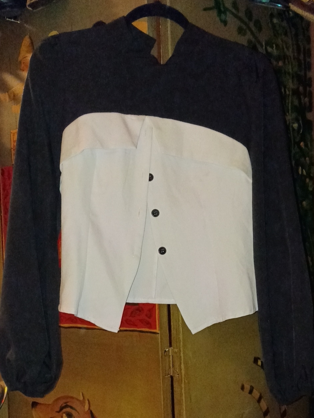Two-Tone Black and White Button Front Blouse